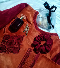 Silk embroidered long shirt with trouser pants and shafoon dubatta