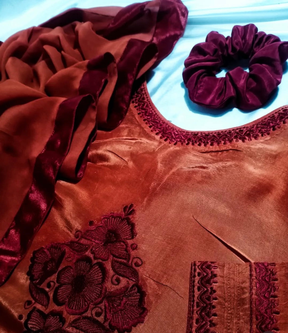Silk embroidered long shirt with trouser pants and shafoon dubatta