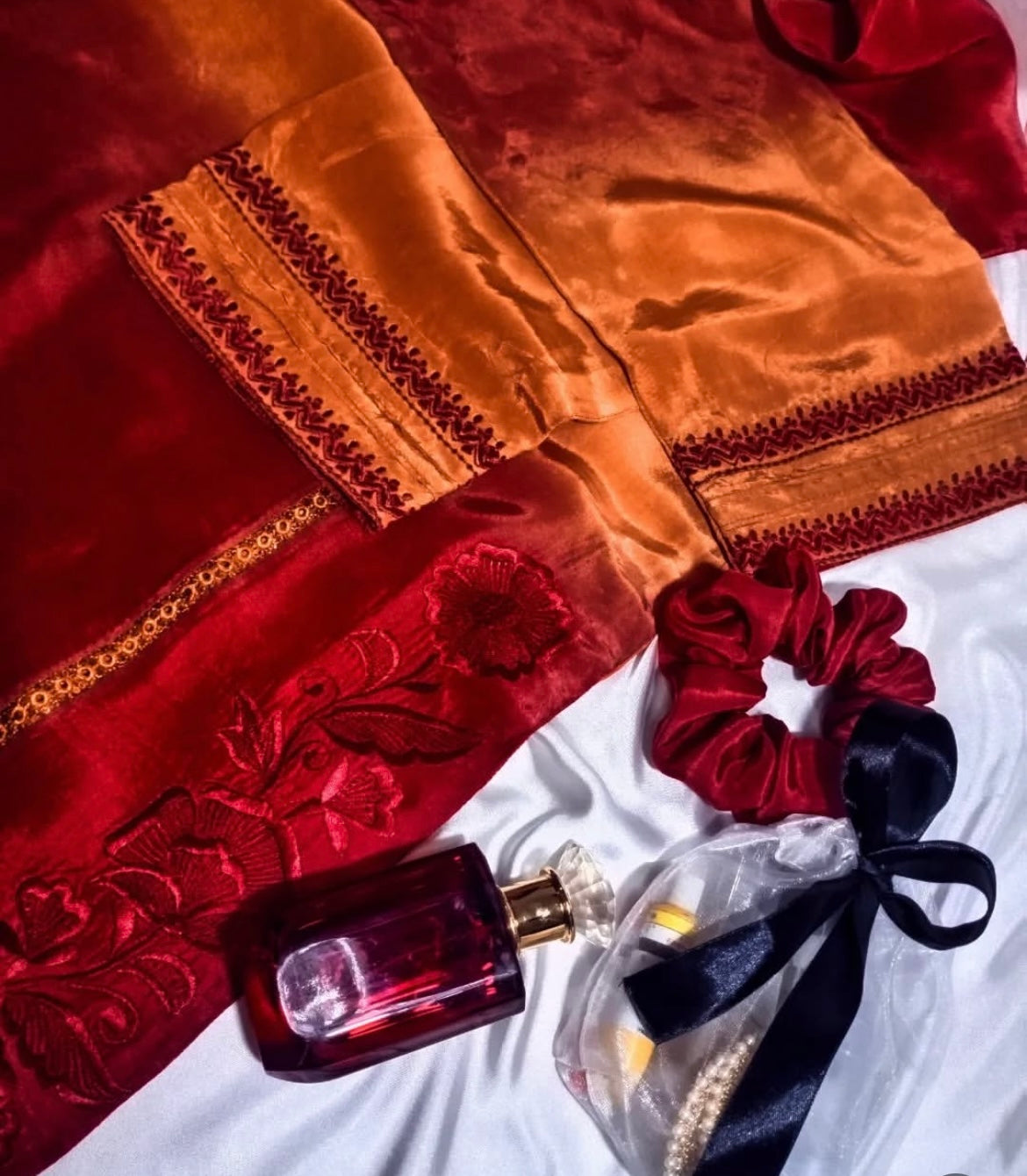 Silk embroidered long shirt with trouser pants and shafoon dubatta
